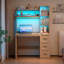 Computer Desk with Power Outlet and Tri-Color Light, Home Desk with Shelves and Drawer-1704066035