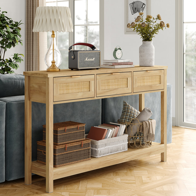 Ayjah 51.2" Wood Console Table with 3 Drawers,Rattan Entry Table for Entryway