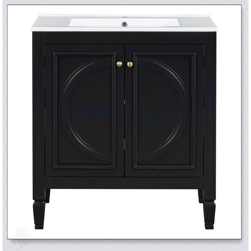 Meuble-lavabo de style rétro 30 po avec lavabo, deux portes, tablette et charnières à fermeture douce en noir, Noir