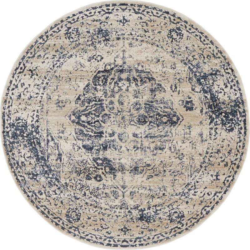 Arkeen Oriental Dark Blue/Beige/Ivory/Gray Area Rug, Round 4'1"