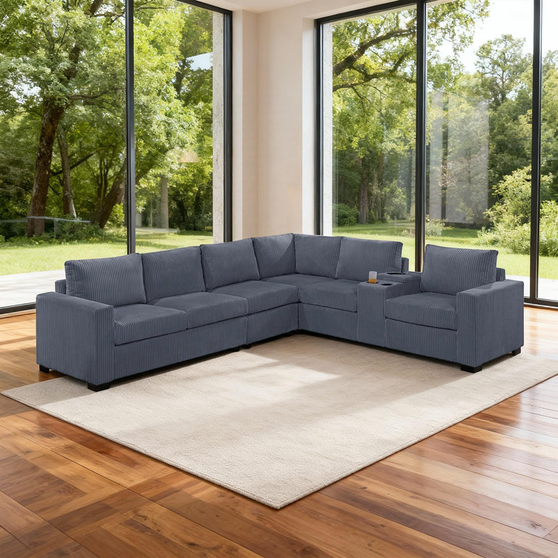 Canapé modulaire modulaire en L à 5 places avec console USB et porte-gobelets, Polyester gris foncé