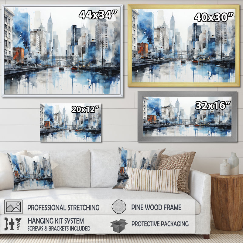 Gris, bleu, minimalisme, euphorie urbaine I - art mural minimalisme, Cadre flottant doré, H 16 po x l 32 po x P 1 po
