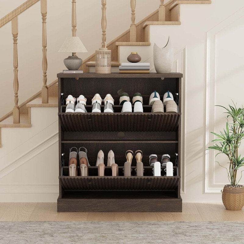 Rebrilliant Shoe Cabinet with 2 Flip Drawers, Hidden Wooden Fluted Storage with Adjustable Shelf for Entryway, Hallway | Wayfair