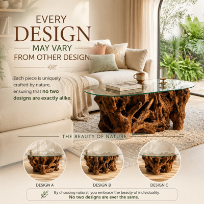 Modern Natural Teak Root Coffee Table with Tempered Glass Top Handmade Oval Wooden Center Table