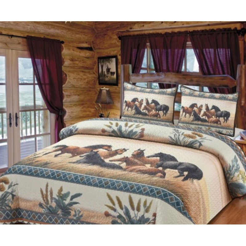 Wild Horse Prairie Queen Quilt Set with 2 Pillow Shams, Queen Quilt + 2 Queen Shams