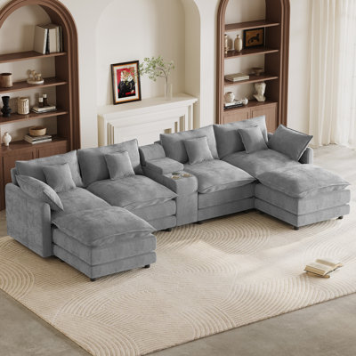 145"W U-Shape Sectional With Console & Cup Holders And USB Ports