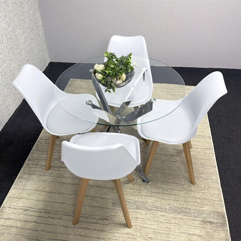 Round Glass Dining Table with Velvet Chairs - Dining Kitchen Room Furniture, White