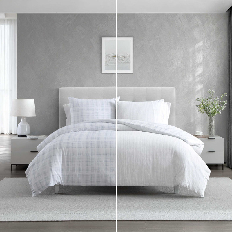 Vera Wang Blurred Plaid Cotton Reversible Blue Duvet Cover Set, King Duvet Cover + 2 King Shams