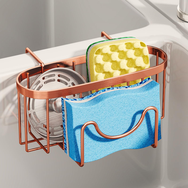 Porte-éponge en acier inoxydable peu encombrant - rangement efficace pour les éviers doubles, Or rose