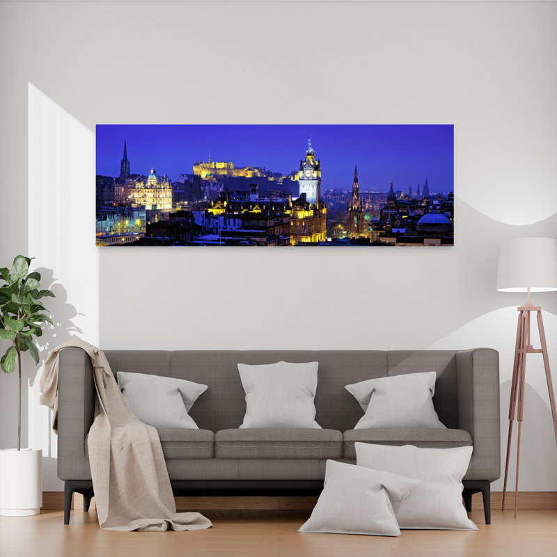 Buildings Lit Up At Night With A Castle In The Background Edinburgh Castle Edinburgh Scotland by Frank Chmura - Wrapped Canvas Panoramic Print