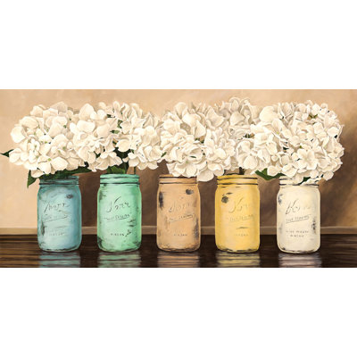 Hydrangeas In Mason Jars by Jenny Thomlinson - Wrapped Canvas Painting