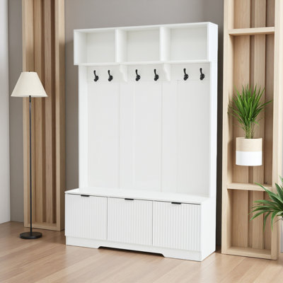 5-In-1 Hall Tree With Bench, Shoe Storage & 3 Open Storage Cabinets, Farmhouse Hall Tree With High Gloss Fluted Doors For Hallway Living Room