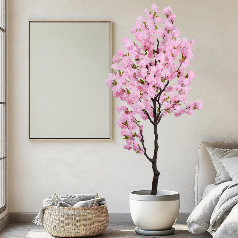 7ft Artificial Cherry Blossom Tree With Pink Flowers, Faux Cherry Blossom Tree In Pot, Lifelike Fake Cherry Blossom Plant For Indoor And Outdoor Decor