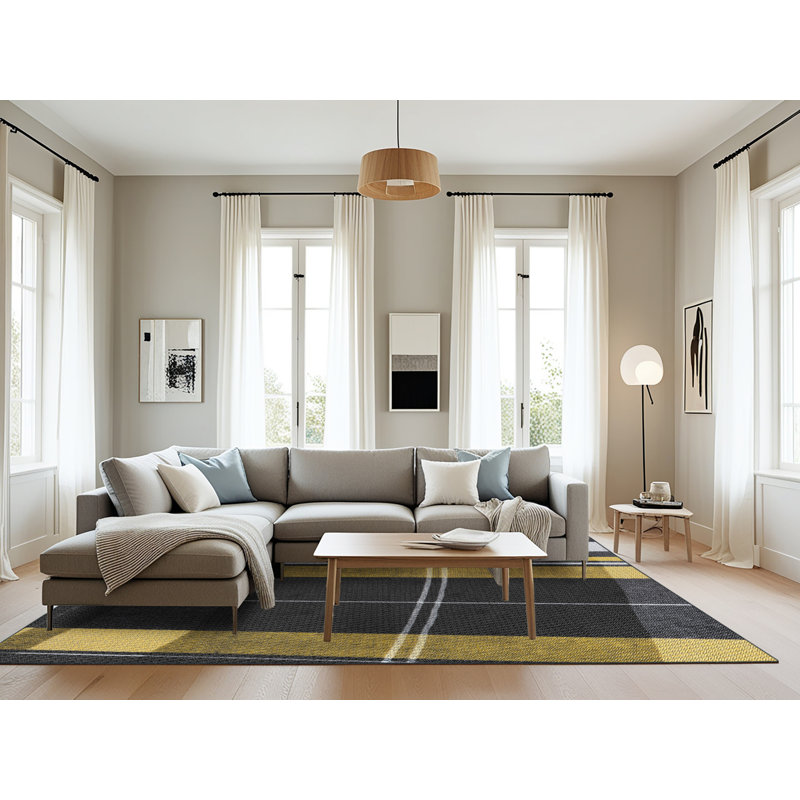 Tapis noir/jaune à motifs, Rectangle 8 pi x 10 pi