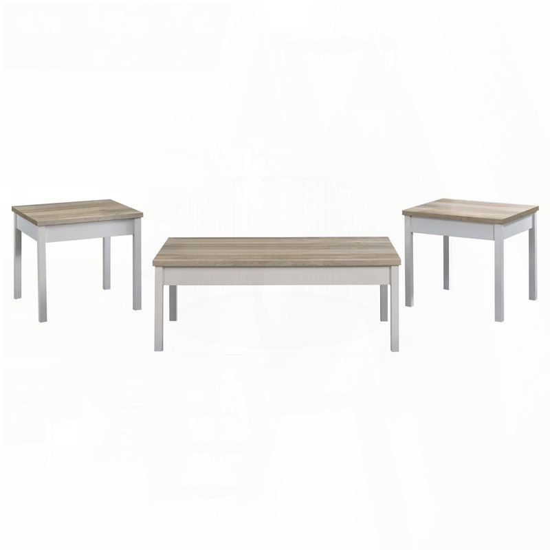 Ensemble de tables basses 3 pièces avec dessus en pin vieilli et bases blanches