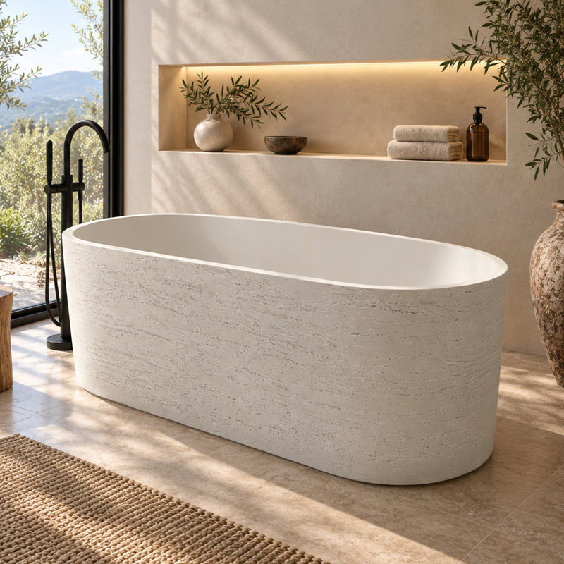 Baignoire d'extérieur autoportante Forma 66'' en pierre à surface solide, baignoire profonde avec trop-plein