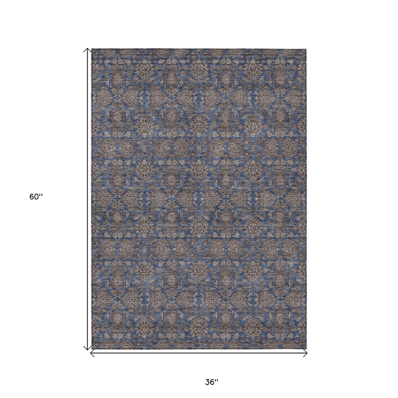 Tapis extérieur lavable floral bleu marine beige et taupe 3 pi x 5 pi