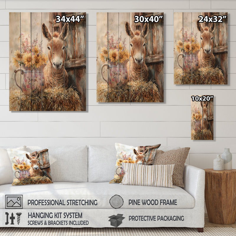 Portrait d'âne du doux voyageur III - Art mural en bois d'âne - sur bois de pin naturel, H 32 po x l 24 po x P 0,78 po