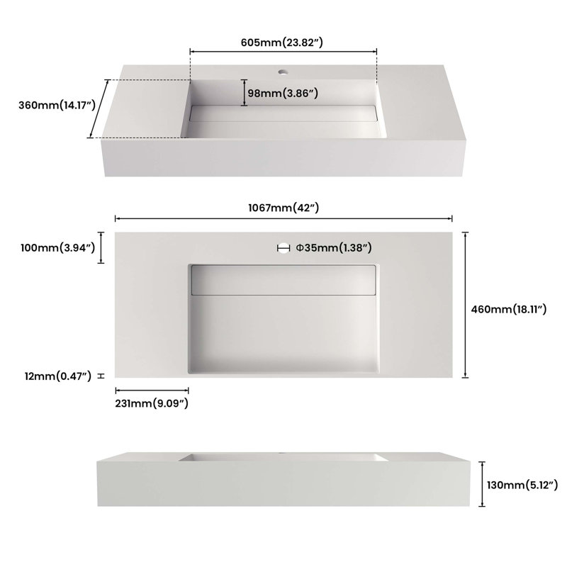 Bassin à surface solide de 42 pouces avec bords en cascade, trou de robinet simple, plateau de bonde intégré et surface non poreuse réparable pour une élégance durable dans la salle de bain.