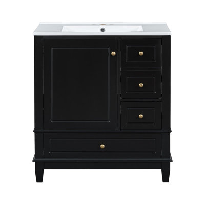 Meuble-lavabo 30 po avec lavabo, une porte avec tablette et trois tiroirs, porte à fermeture douce, noir