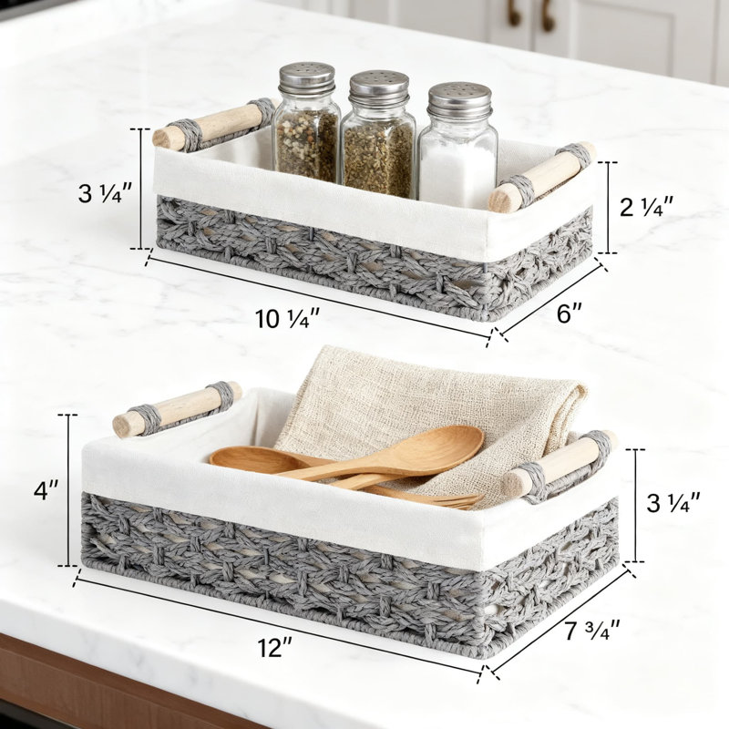 Woven Storage Baskets With Removable Natural Fiber Liner, Handwoven Organizing Baskets For Bathroom Countertop, Toilet Tank, Living Room, Desk, And Tabletop, Set Of 2