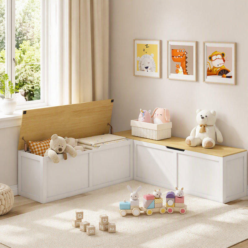 Banc de rangement à angle droit de couleur claire avec très grand compartiment, facile à assembler pour les petits espaces