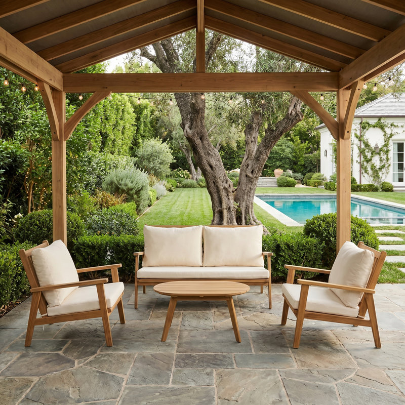 4-Piece Acacia Wood Patio Conversation Set with Cushions, Outdoor Loveseat, 2 Lounge Chairs & Coffee Table, FSC-Certified Teak Finish Outdoor Furniture Set for Backyard, Deck, Garden