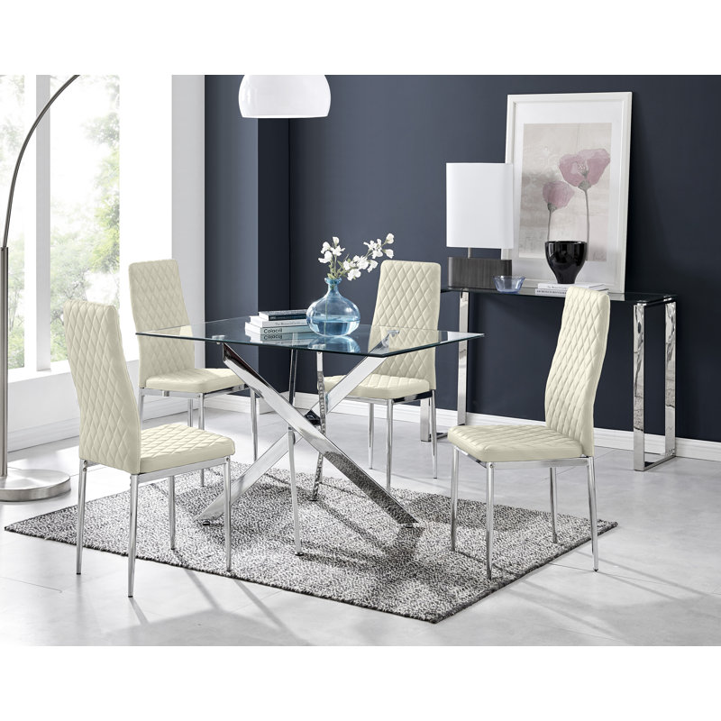 Lenworth Glass Rectangular Dining Table Set with 4 Quilted Velvet Dining Chairs, Cream, Silver