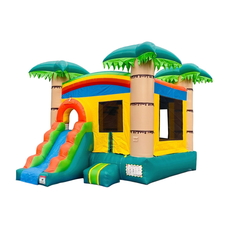 Château gonflable HeroKiddo 17 pi Tropical Breeze de qualité commerciale avec glissade, jet d'eau et panier de basketball avec souffleur