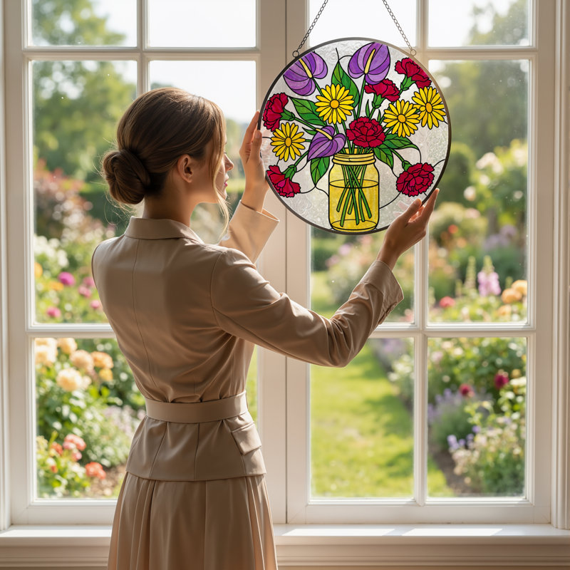 Panneau de vitrail d'arrangement floral 12 po H, H 12 po x l 12 po