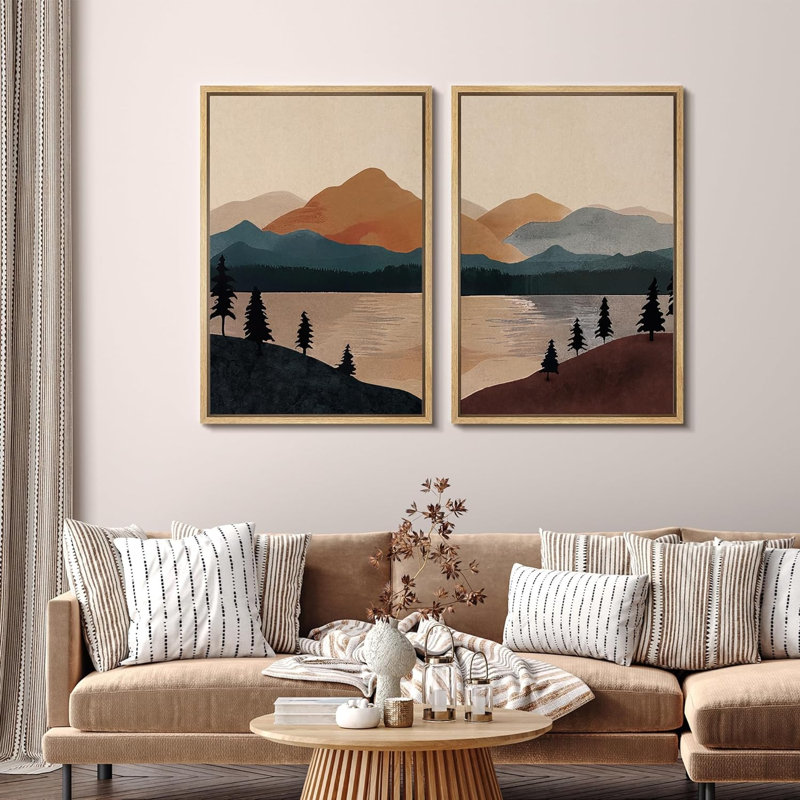 «Mid-Century Modern Brown Mountain Lake Landscape Decor», art mural, impression sur toile, 2 pièces, Encadré naturel