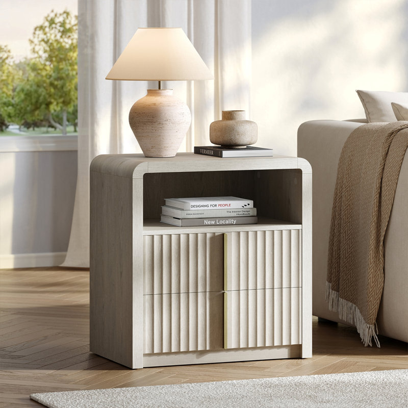 24" Modern Fluted Nightstand, 2 Drawer Bedside Table With Open Shelf, End Table with Curve Profile Design For Bedroom Living Room