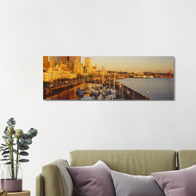 Buildings At The Waterfront, Elliott Bay, Bell Harbor Marina, Seattle, King County, Washington State, USA - Wrapped Canvas Panoramic Print