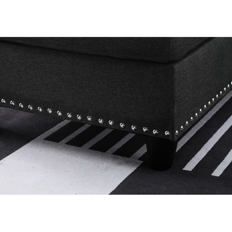 Canapé modulaire en forme de L gris anthracite 3 pièces avec console porte-gobelet, idéal pour les soirées cinéma, deux coussins décoratifs et rangement intérieur, structure en bois massif et en bois d'ingénierie, similicuir neutre, mousse