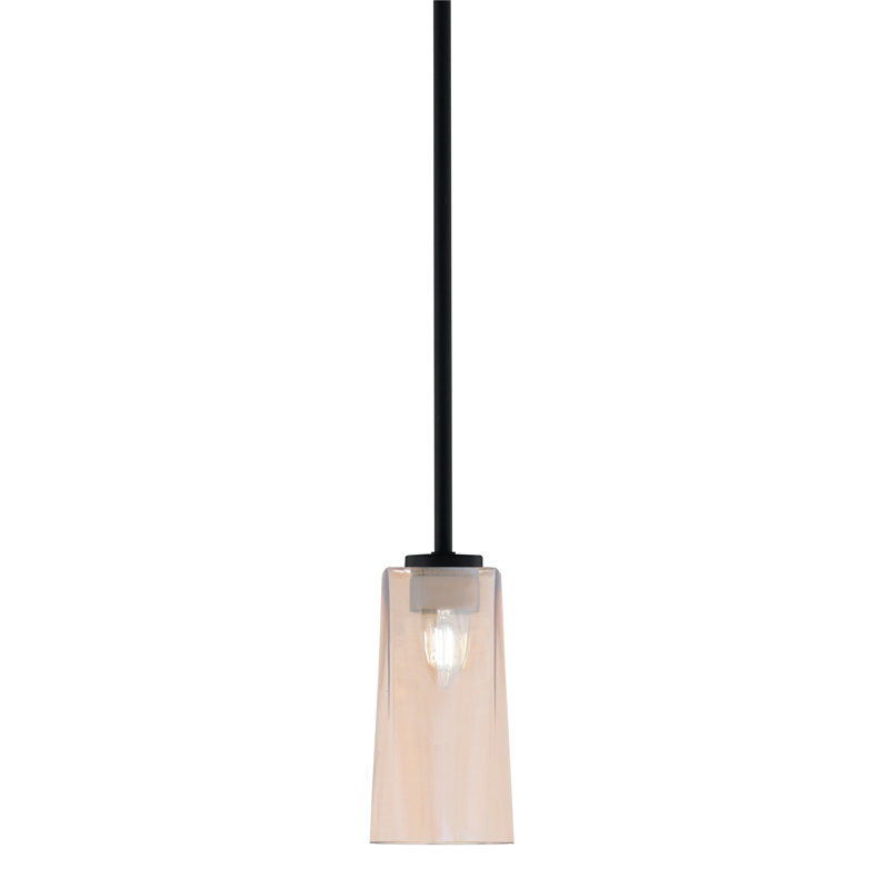 Mini suspension Nicomedes Stem présentée en finition noir mat avec verre ambré dégradé de 12,7 cm (L) x 24,8 cm (H).