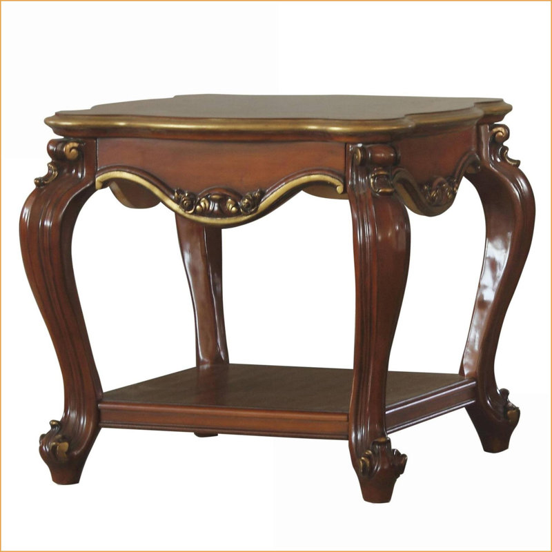 Honey Oak Coffee Table with Queen Anne Legs, Scalloped Top &amp; Storage Shelf for Living Room