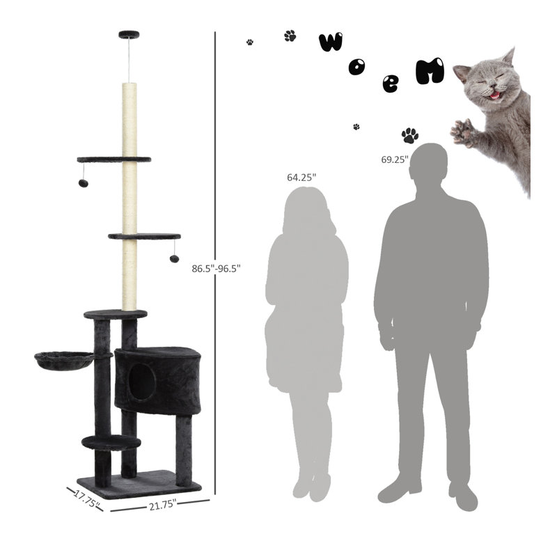 Arbre à chat à hauteur réglable du sol au plafond avec plateformes à tapis, zones à gratter pour condos et cordes, gris foncé