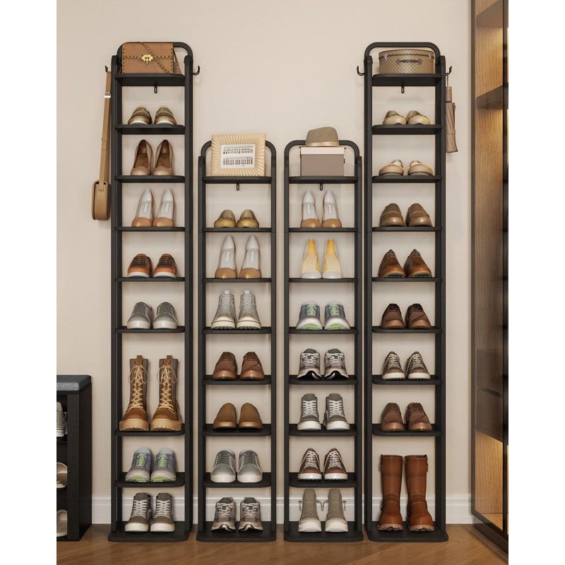 Range-chaussures vertical à 8 niveaux, tour à chaussures étroite, étagère à chaussures haute avec 2 crochets, tablettes réglables, étagères à chaussures de coin pour petits espaces, vestibule, salon, noir
