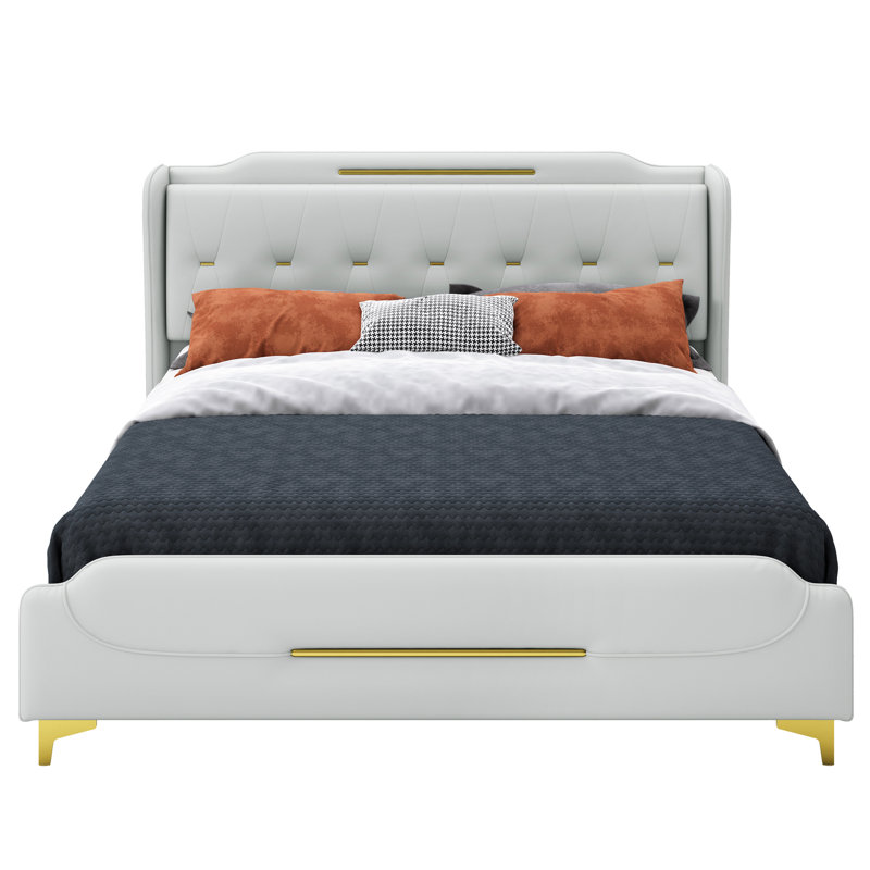 Queen Size Pu Upholstered Platform Bed Frame, Wingback Headboard, , No Box Spring, 800 Lbs Capacity Grey Leather Platform, Metal Reinforcement