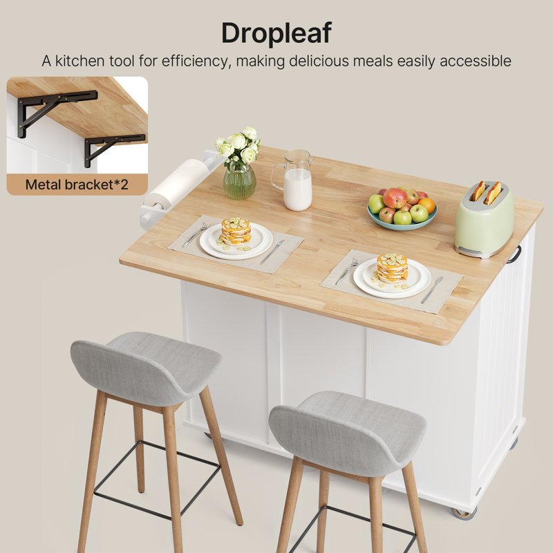 Tilt-Out Trash Bin Compartment Kitchen Island with Solid Wood Top, Drop-Leaf, Towel Rack, Faux Refrigerator Cabinet, Drawer & Locking  Wheels