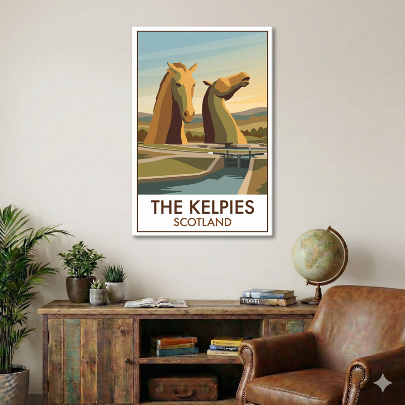 The Kelpies, Scotland - Romantic Canal Guardians Travel Poster. Giclee Print On Wrapped Canvas. Wall Art, Home Decor - Monuments & Sculptures, Scotland - Wrapped Canvas Print