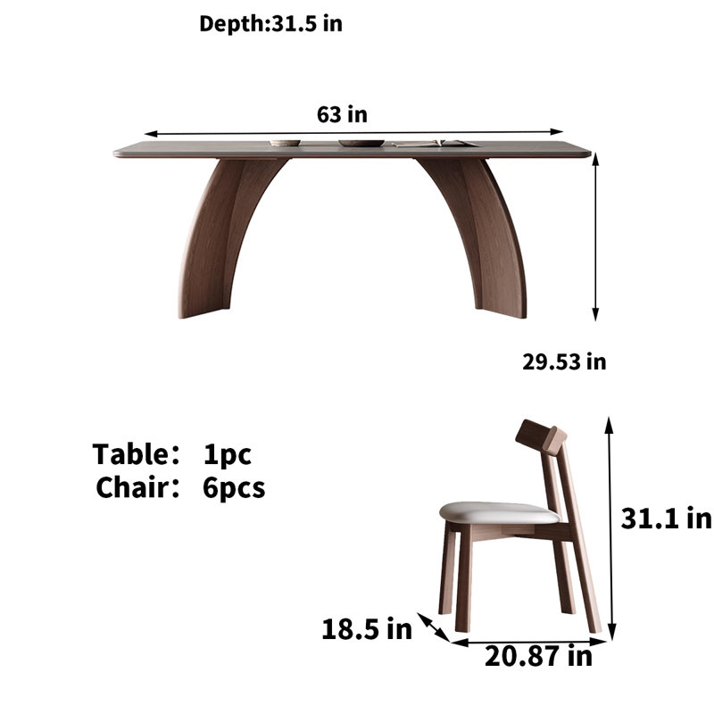 Italian Solid Wood Sintered Stone Dining Table 6 - Person Double Pedestal Dining Set, 29.53"H x 63"L x 31.5"W