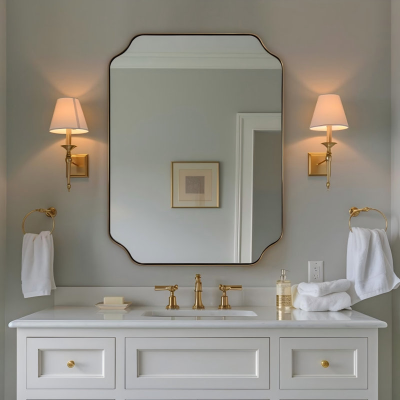 Miroir de salle de bain Modern Cadre en acier inoxydable, 32 po x 24 po, Or brossé