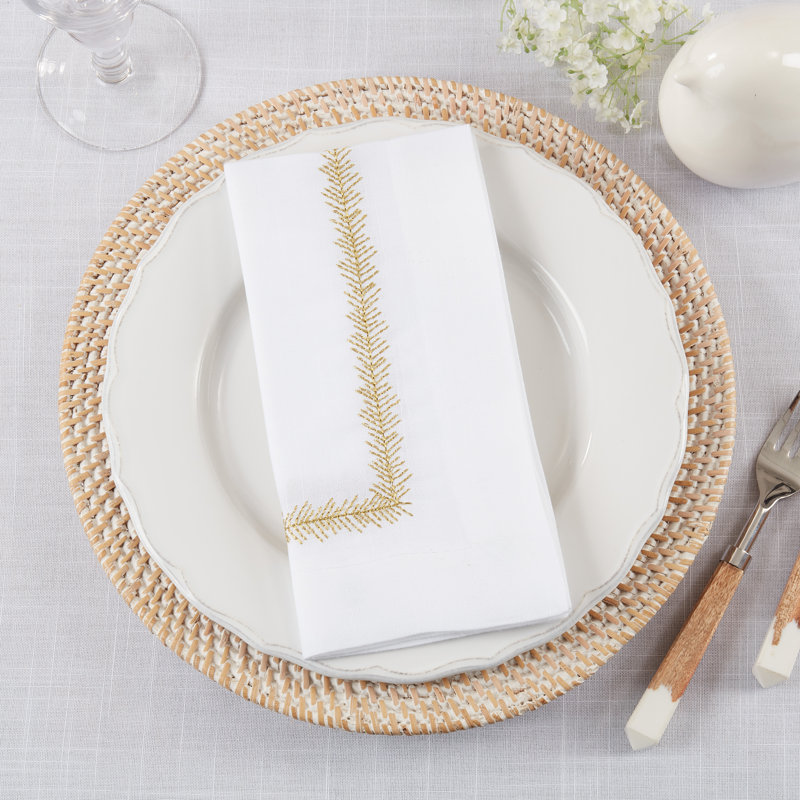 Gold Embroidered Border Polyester Square Napkins, Set of 4