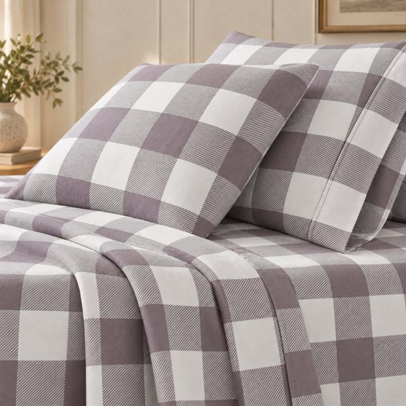 100% Turkish Cotton Flannel Solid & Plaid Sheet Sets, Queen with 2 Pillowcases, Buffalo Check - Gray