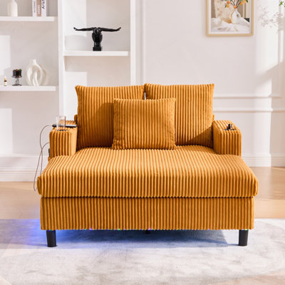 Chaise longue surdimensionnée en velours côtelé à assise profonde avec 3 coussins, charge USB, bande lumineuse à DEL RVB, porte-gobelet, poche latérale - convient au salon et à la chambre à coucher