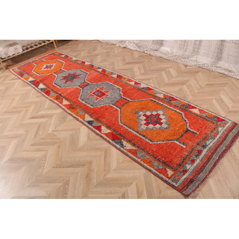Tapis de couloir turc fait à la main en orange rétro - motif en laine de style ethnique pour les couloirs et les planchers