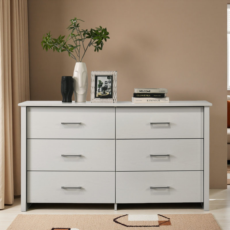 Commode 6 tiroirs 57 po avec poignées, Blanc