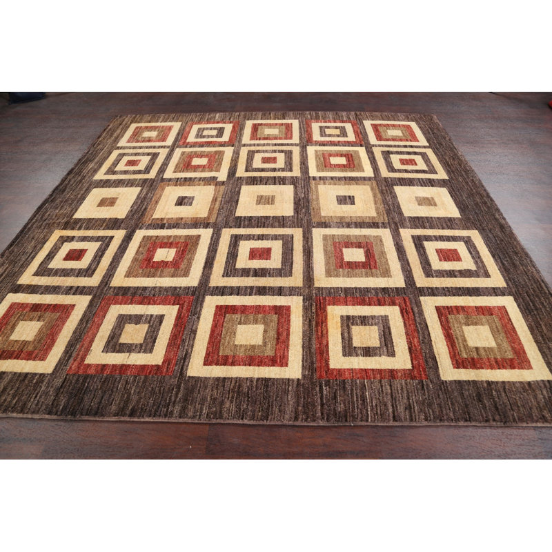 Tapis décoratif en laine noué à la main de conception unique 7 pi 10 po x 7 pi 11 po noué à la main New Age en brun/beige/rouge