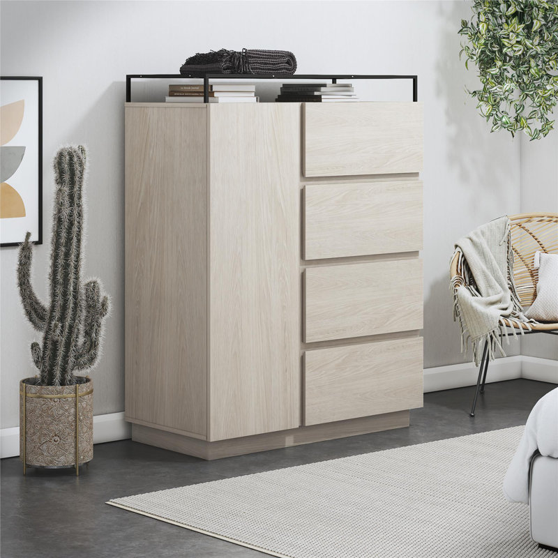 Tickhill 4-Drawer Dresser with Door, LED Lights and Glass Top, Eden Ash